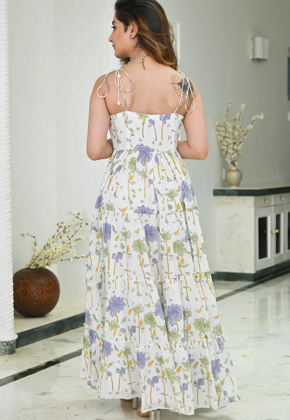 Digital Printed Rayon Gown in Off White