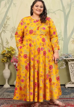 Digital Printed Rayon Gown in Mustard
