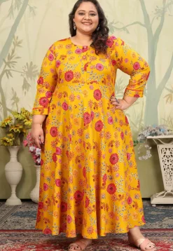 Digital Printed Rayon Gown in Mustard