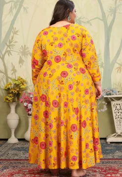 Digital Printed Rayon Gown in Mustard