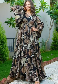 Digital Printed Rayon Gown in Black