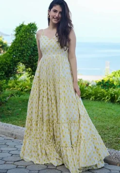 Digital Printed Rayon Gown in Cream
