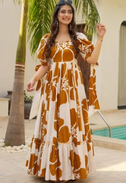 Digital Printed Rayon Gown in Off White