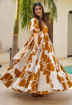 Digital Printed Rayon Gown in Off White