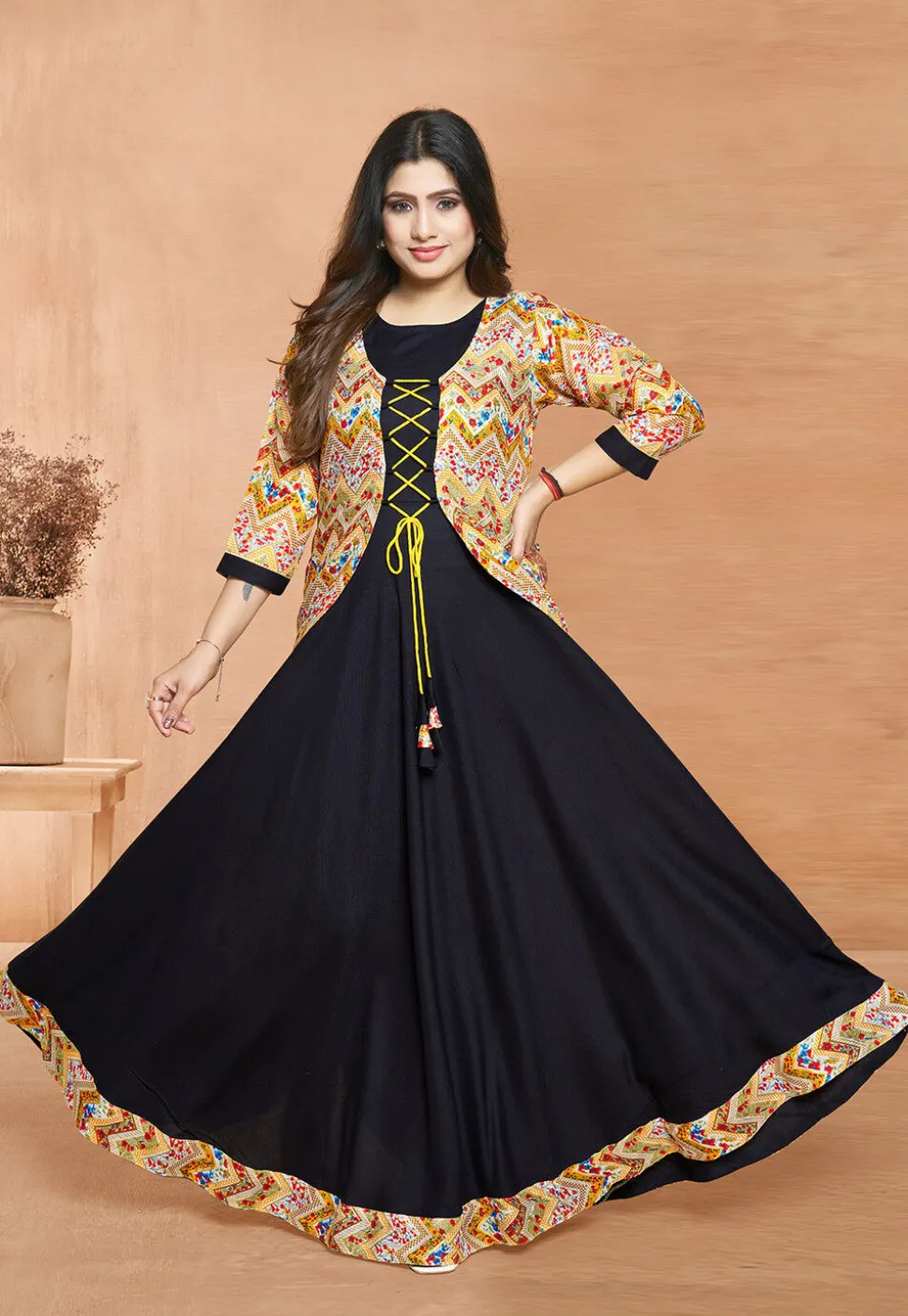 Digital Printed Rayon Gown in Black