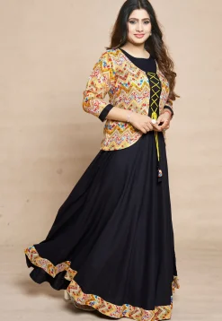 Digital Printed Rayon Gown in Black