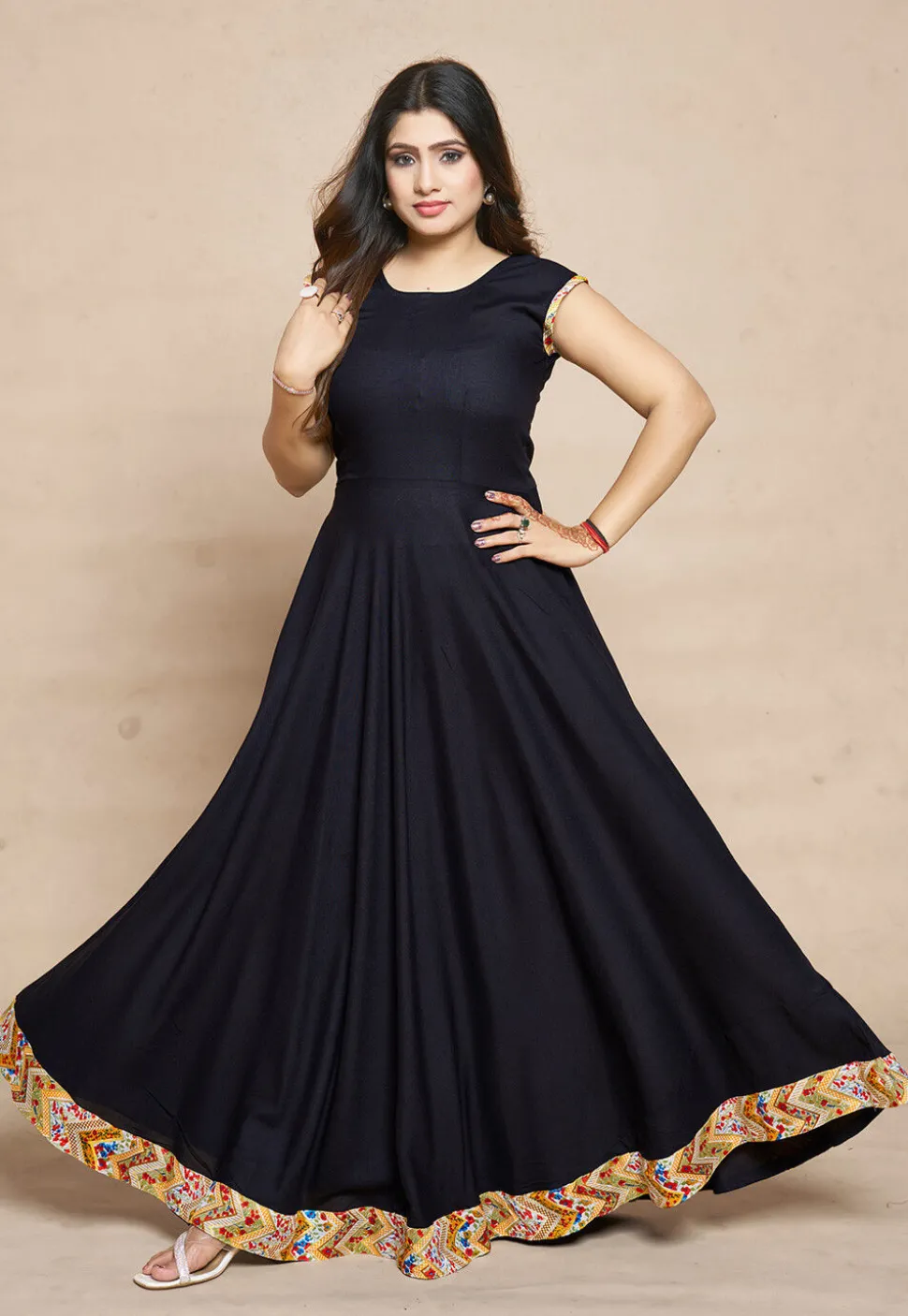 Digital Printed Rayon Gown in Black