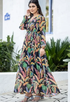 Digital Printed Rayon Gown in Black