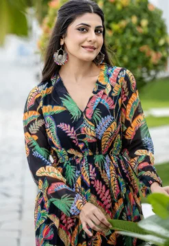 Digital Printed Rayon Gown in Black