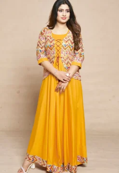 Digital Printed Rayon Gown in Yellow