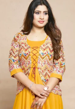 Digital Printed Rayon Gown in Yellow