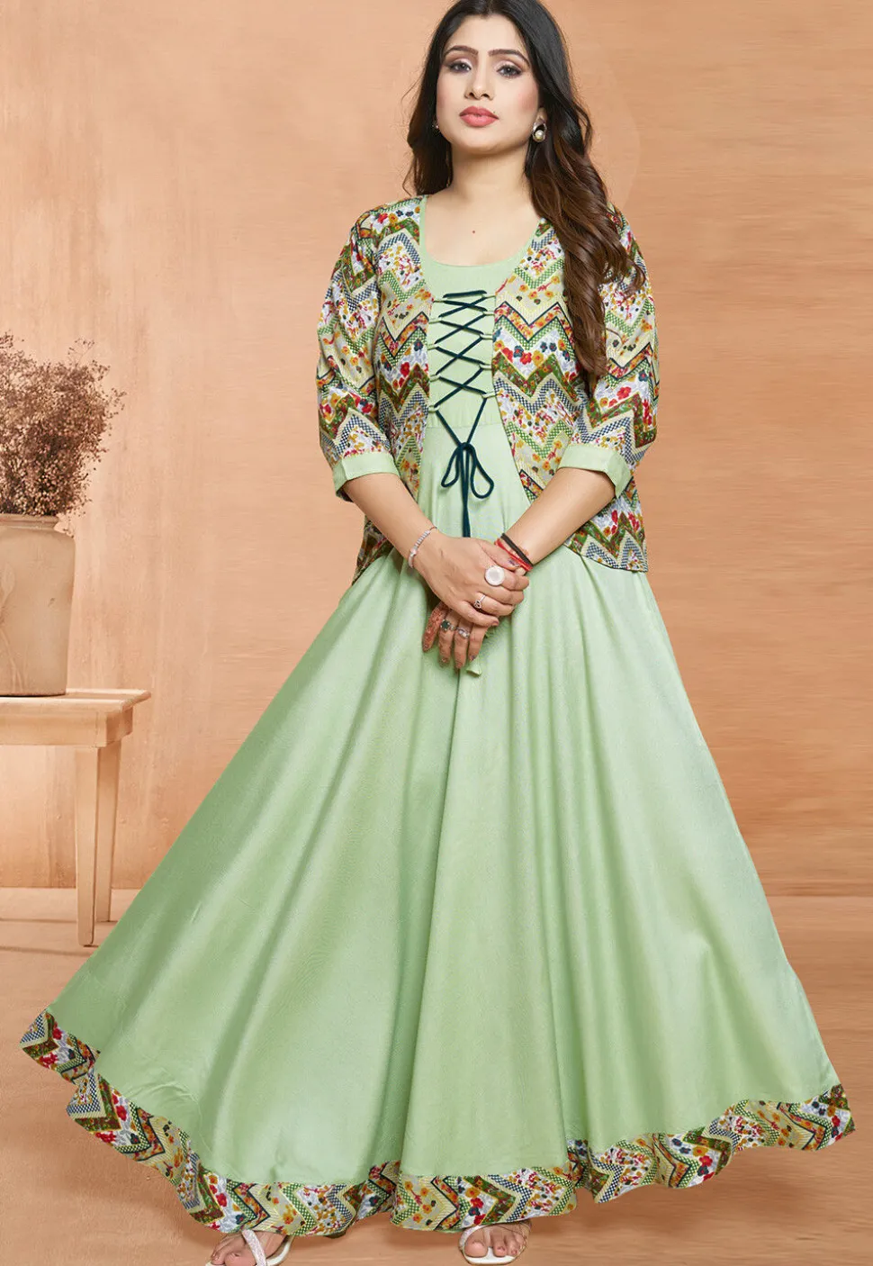 Digital Printed Rayon Gown in Pastel Green