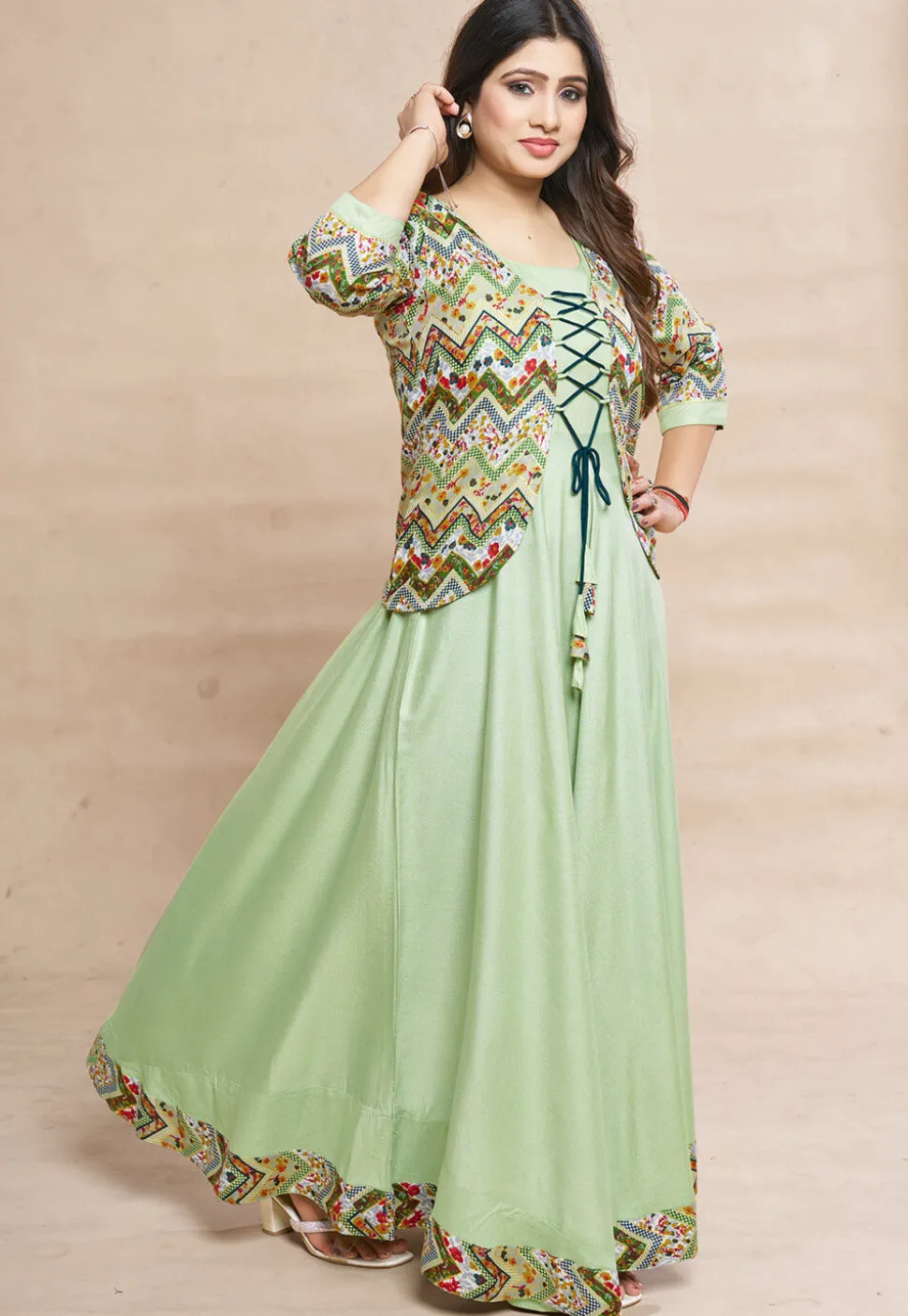 Digital Printed Rayon Gown in Pastel Green