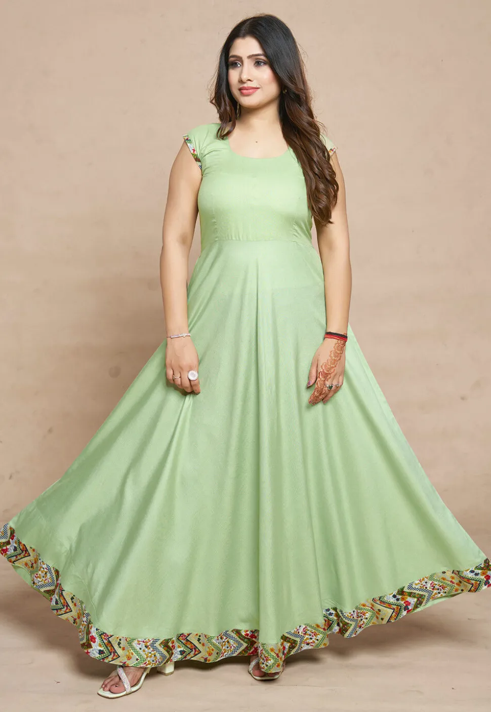 Digital Printed Rayon Gown in Pastel Green