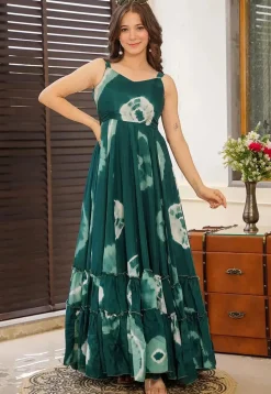 Digital Printed Rayon Gown in Green and Multicolor