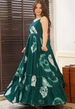 Digital Printed Rayon Gown in Green and Multicolor