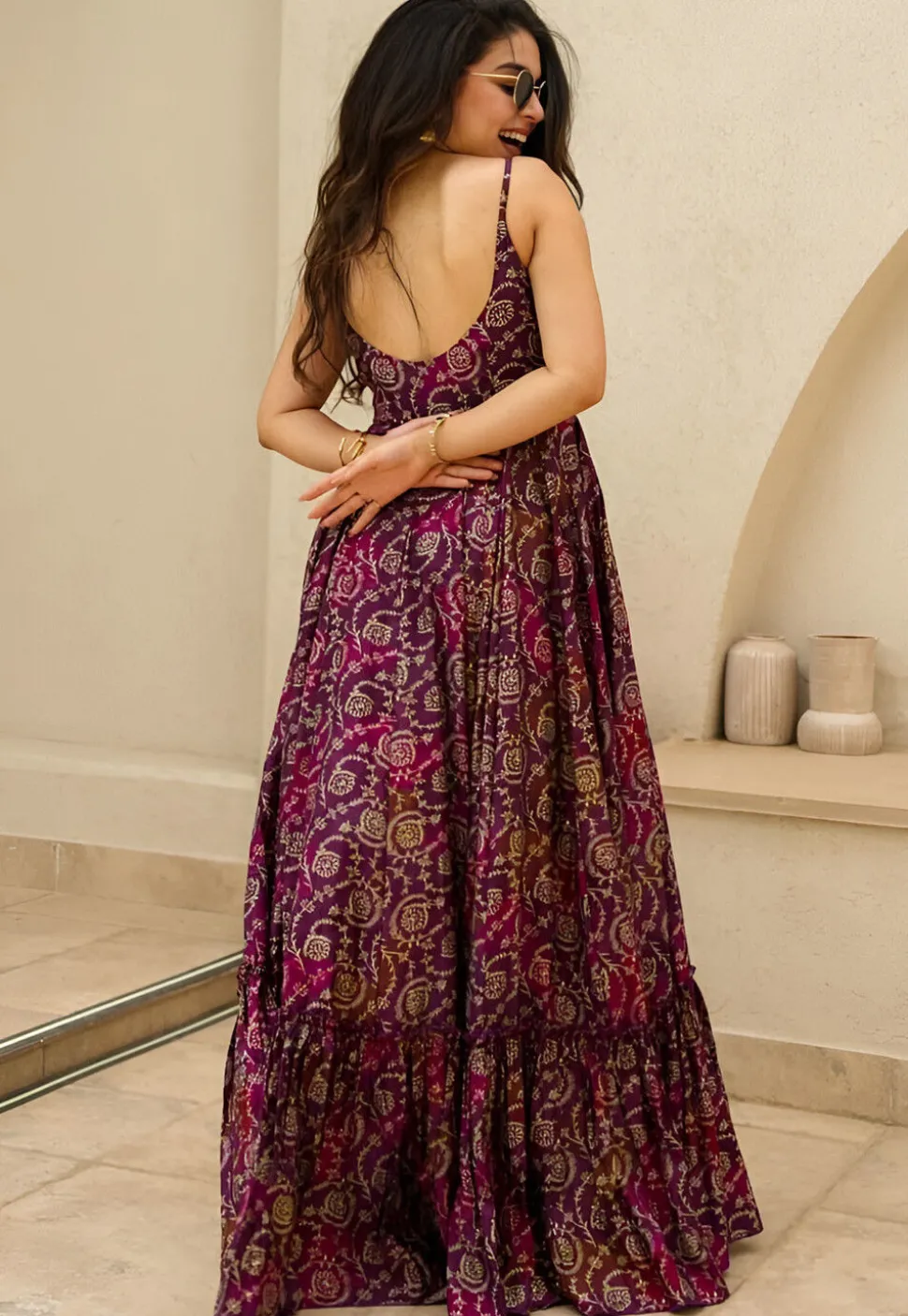 Digital Printed Rayon Gown in Wine