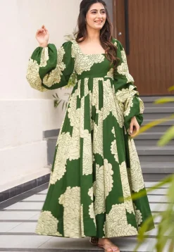 Digital Printed Rayon Gown in Green