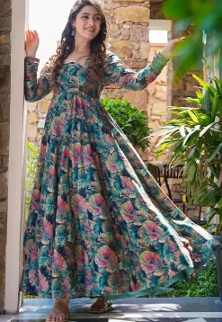 Digital Printed Rayon Gown in Multicolor