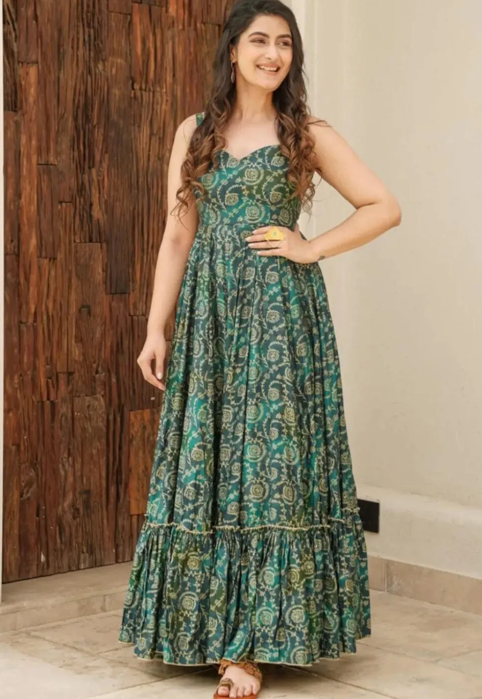 Digital Printed Rayon Gown in Green