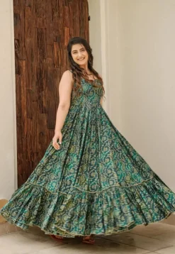 Digital Printed Rayon Gown in Green