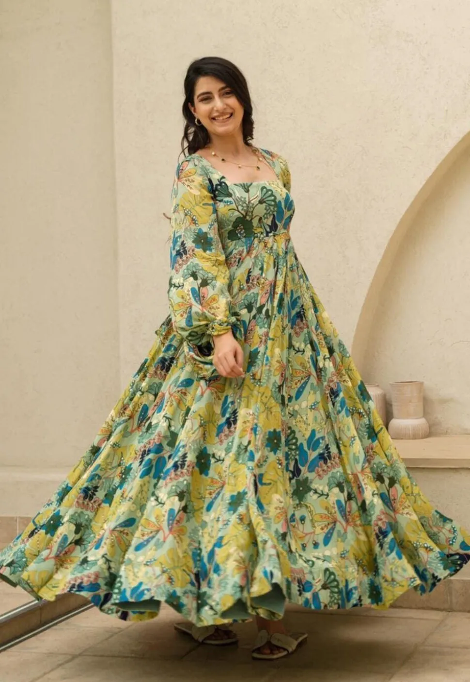 Digital Printed Rayon Gown in Light Green