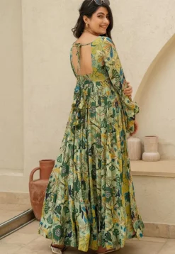 Digital Printed Rayon Gown in Light Green