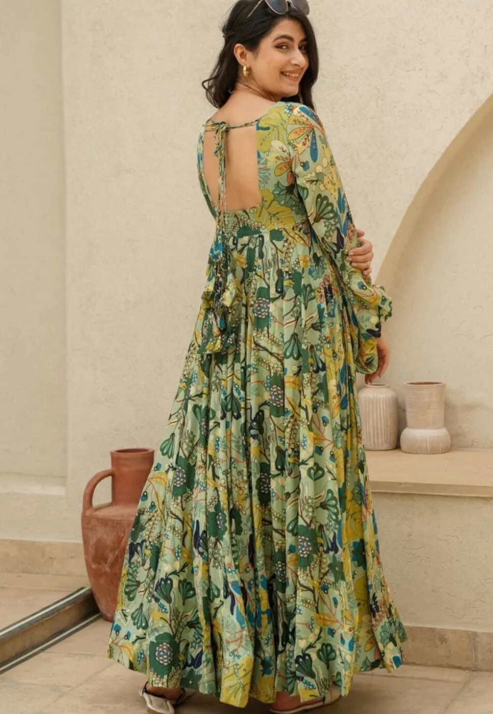 Digital Printed Rayon Gown in Light Green