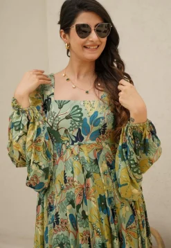 Digital Printed Rayon Gown in Light Green