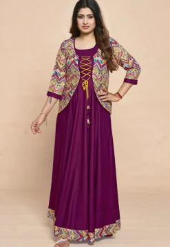Digital Printed Rayon Gown in Purple