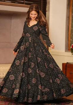 Digital Printed Rayon Gown in Black