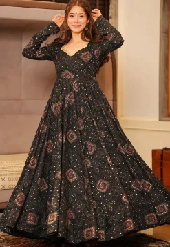 Digital Printed Rayon Gown in Black