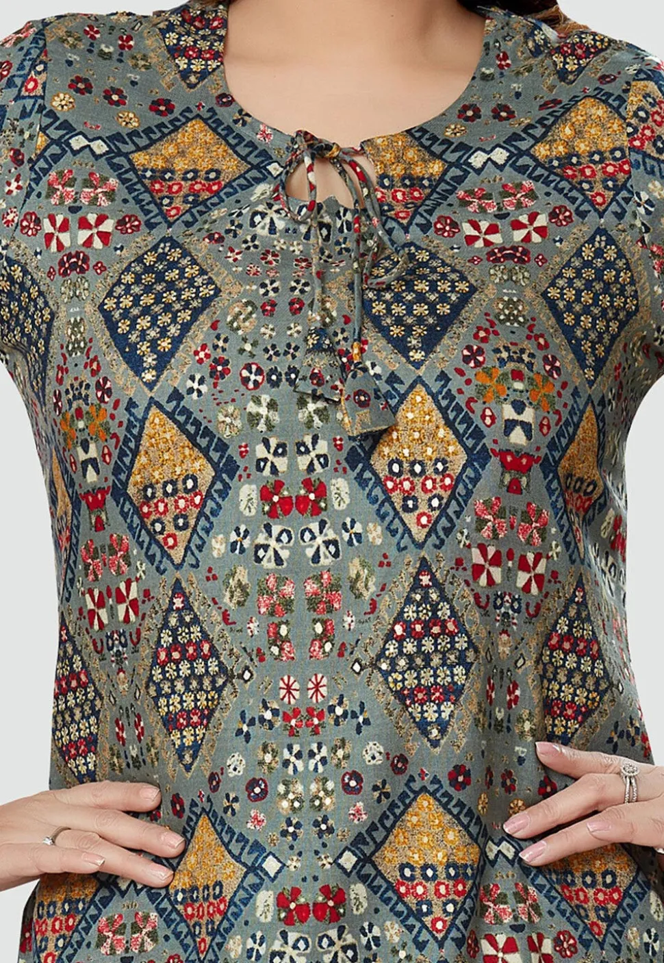 Digital Printed Rayon High Low Kurti in Grey