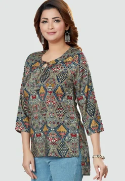 Digital Printed Rayon High Low Kurti in Grey