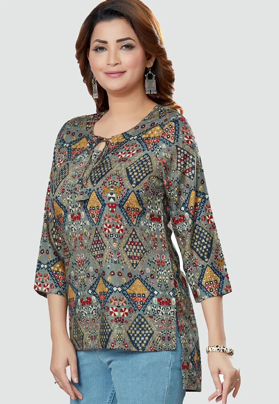 Digital Printed Rayon High Low Kurti in Grey