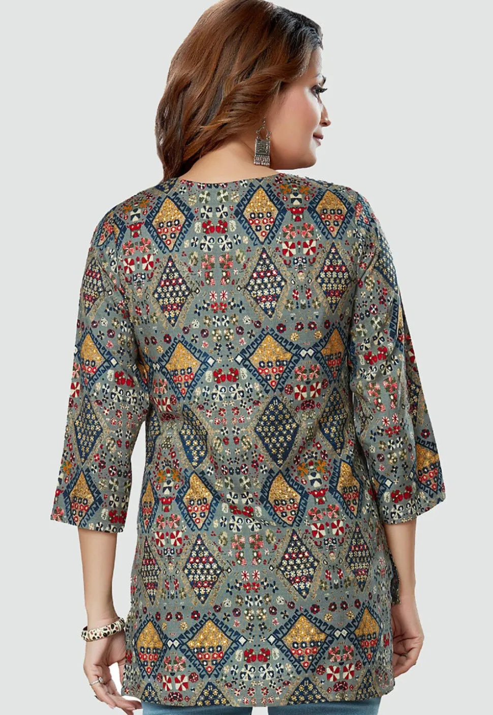 Digital Printed Rayon High Low Kurti in Grey