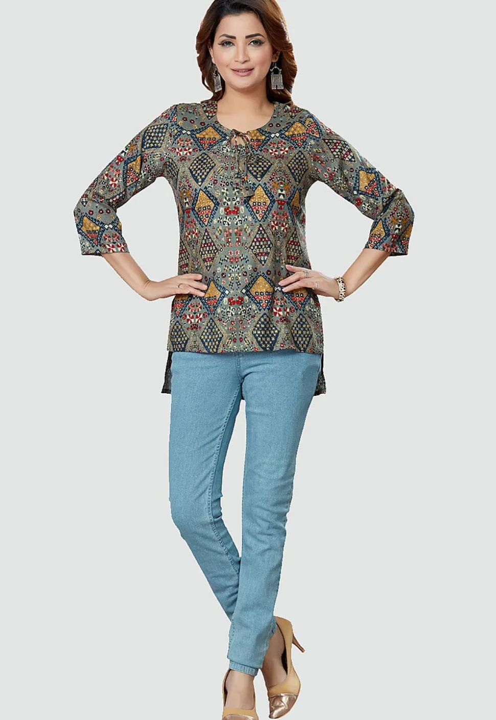 Digital Printed Rayon High Low Kurti in Grey