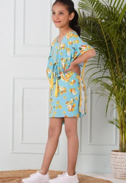 Digital Printed Rayon Kaftan Dress in Sky Blue