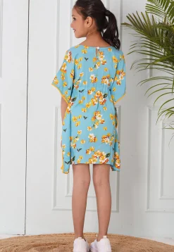Digital Printed Rayon Kaftan Dress in Sky Blue