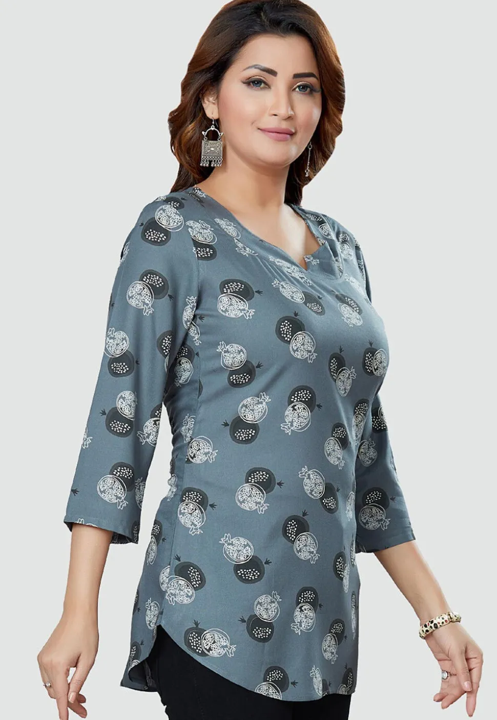 Digital Printed Rayon Kurti in Grey
