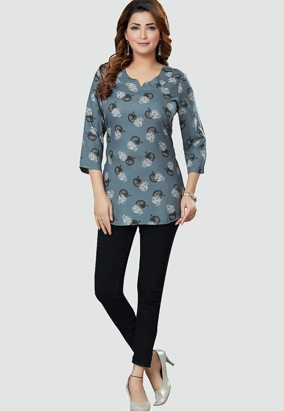 Digital Printed Rayon Kurti in Grey