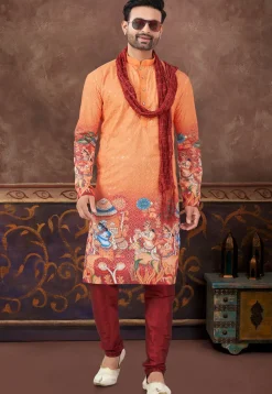 Digital Printed Rayon Kurta Set in Orange