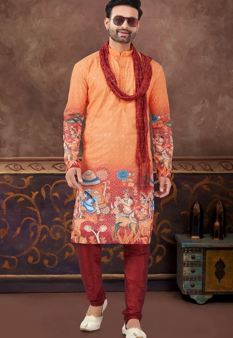Digital Printed Rayon Kurta Set in Orange