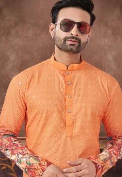 Digital Printed Rayon Kurta Set in Orange