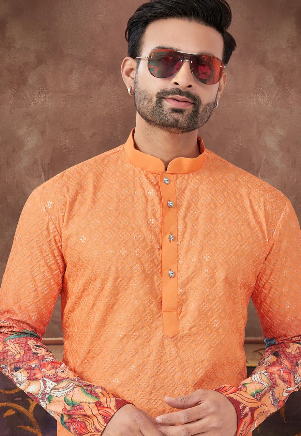 Digital Printed Rayon Kurta Set in Orange