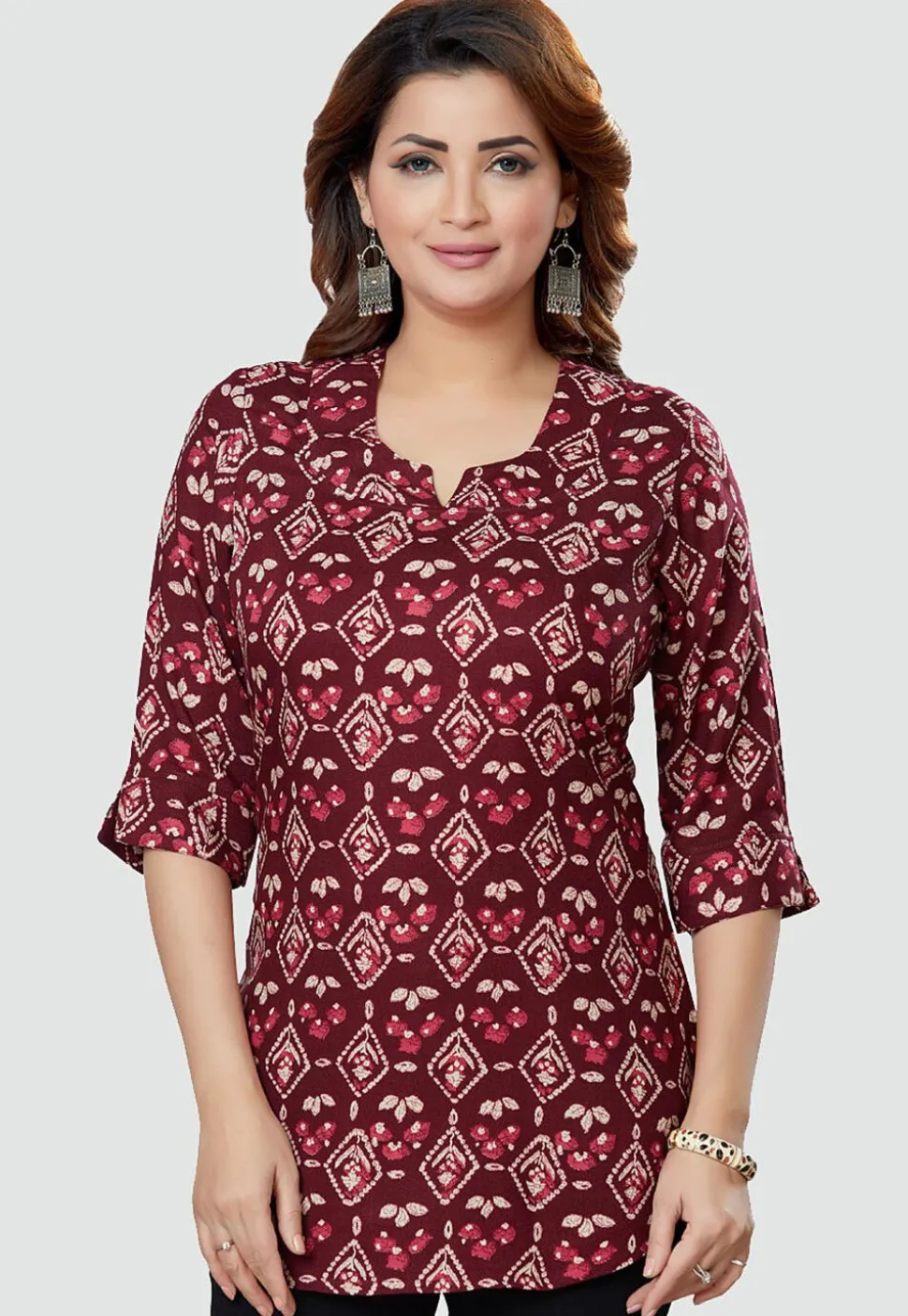 Digital Printed Rayon Kurti in Wine