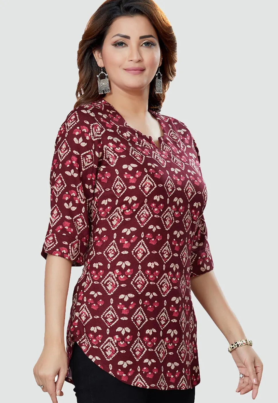 Digital Printed Rayon Kurti in Wine