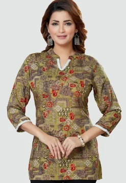 Digital Printed Rayon Kurti in Olive Green