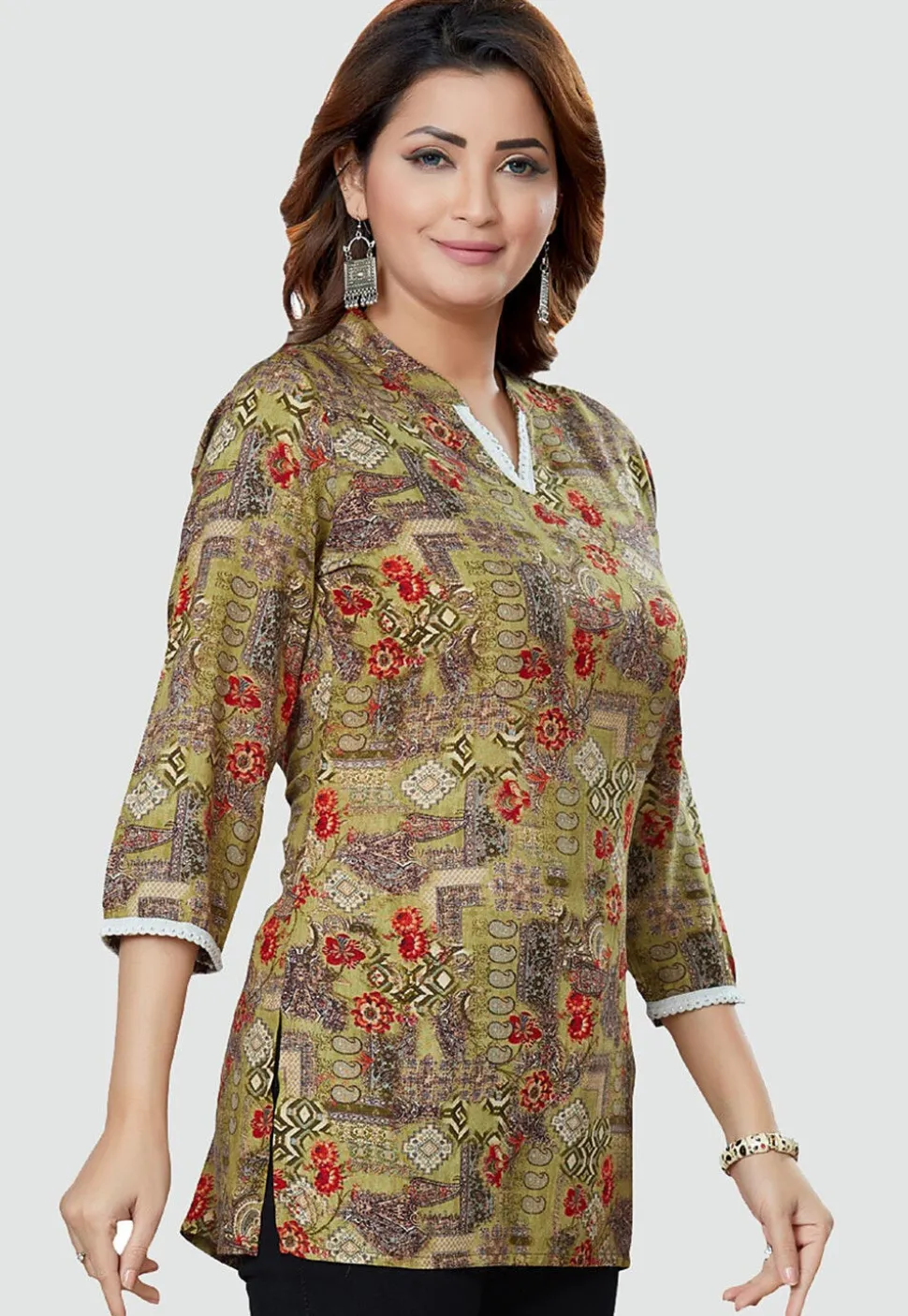 Digital Printed Rayon Kurti in Olive Green