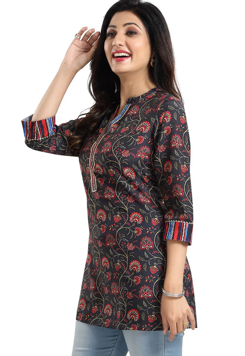 Digital Printed Rayon Kurti in Black